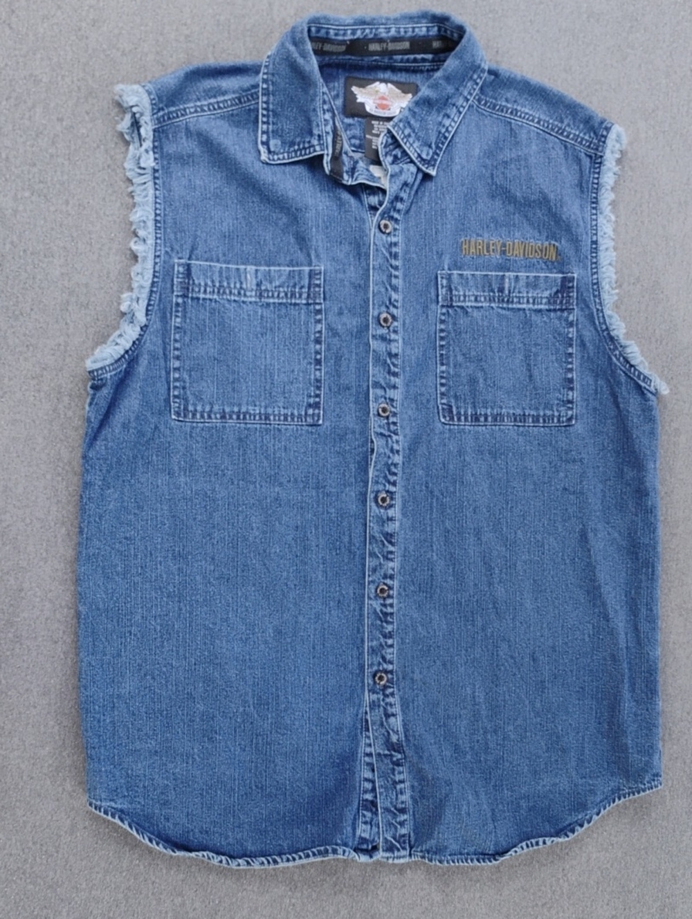 Harley-Davidson Denim Sleeveless Button-Up in Blue with Gold Logo